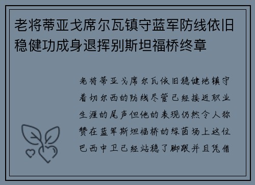 老将蒂亚戈席尔瓦镇守蓝军防线依旧稳健功成身退挥别斯坦福桥终章